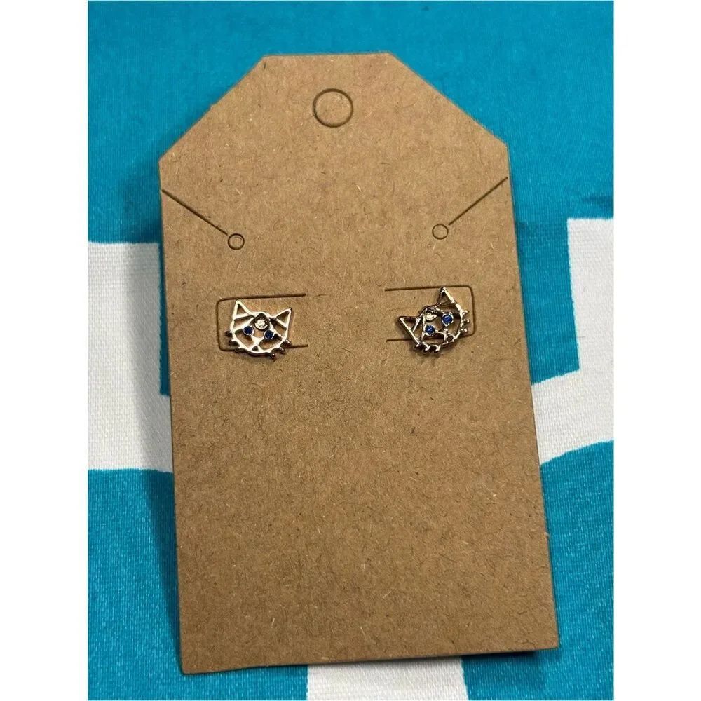 New Gold Cat Face Stud Earrings with Blue Stones